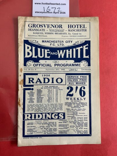 35/36 Manchester City v Portsmouth Football Programme: Good condition league match with no team changes. Rusty staples holding firm.