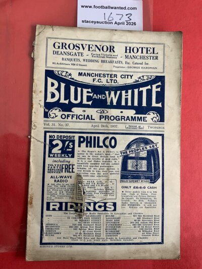 36/37 Manchester City (Champions) v Sheffield Wednesday Football Programme: Poor condition league match with pencilled team changes. Back two pages have paper loss. Lots of tears.