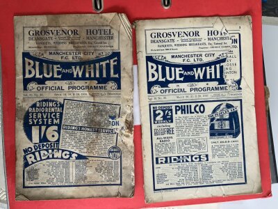 36/37 + 37/38 Manchester City v Bolton Football Programmes: Poor condition league matches with both suffering paper loss, tearing and staining. (2)