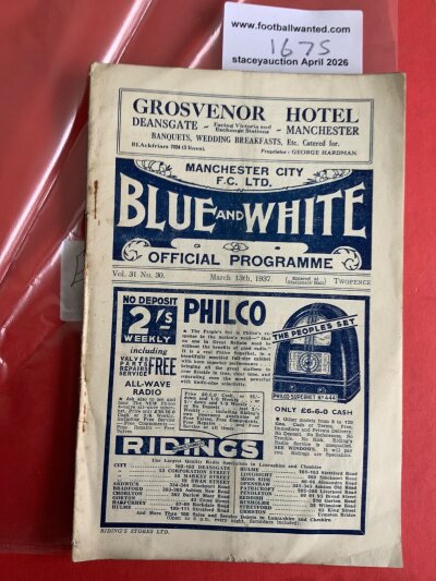 36/37 Manchester City (Champions) v Huddersfield Football Programme: Fair/good condition league match with pencilled scorers noted. Rusty staples holding firm.