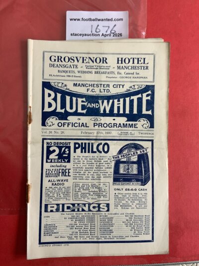 36/37 Manchester City (Champions) v Wolves Football Programme: Good condition league match with pencilled team changes.