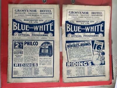36/37 Manchester City (Champions) v Stoke Football Programme: Good condition league match with pencilled team changes. Rusty staples holding firm. C/W 37/38 same fixture with completely split spine. (2)