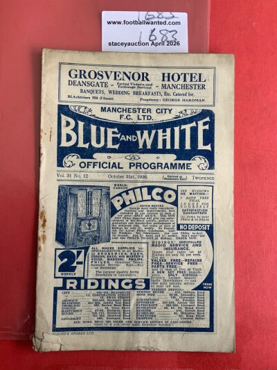 36/37 Manchester City (Champions) v Sunderland Football Programme: Fair condition league match with pencilled scorers noted. Small tear at base of spine and rusty staples holding firm.