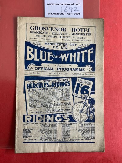 37/38 Manchester City v Birmingham Football Programme: Fair/good condition league match with no team changes. Pencilled score and scorers noted inside.