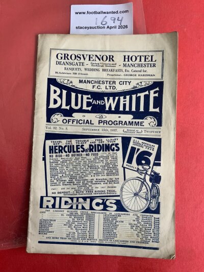 37/38 Manchester City v Huddersfield Football Programme: Fair condition league match with no team changes. Pencilled score and scorers noted inside.