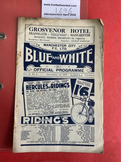 37/38 Manchester City v Everton Football Programme: Fair condition league match with no team changes. Pencilled score and scorers noted inside.