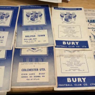 Bury Home Football Programmes: Includes 52/53 Rotherham 53/54 Hull and a further 12 from the mid to late 50s. Around 150 from the 60s spanning the decade including 61/62 Brighton League Cup. Very good with instructions to sell. (160+)