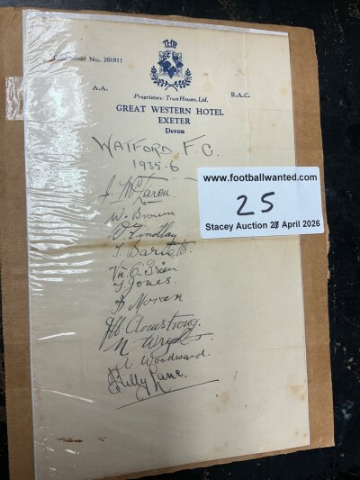 Watford 35/36 Football Autographs: 11 signatures on Exeter hotel headed paper. Good condition with fold.