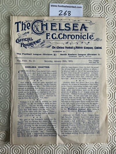 1912 - 1913 Chelsea Reserves v West Ham Football Programme: Excellent condition 4 page ex bound programme with no team changes for the South Eastern League match.