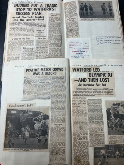 Watford Football Scrapbooks: First scrapbook is home and away from 58/59 to 59/60. The next 3 cover away matches from 60/61 to 66/67 and possibly covers all matches and we even spotted reports for practice matches. Comprehensive account of that period in 4 books with many hundreds of cuttings.