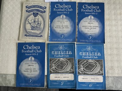 Chelsea Early 1950s Home Football Programmes: Ex bound homes 51/52 FA X1 v Royal Air Force, QPR Combination Cup, Coventry Combination, 52/53 Arsenal Combination Cup, Stoke Division 1 all with evidence of ex bound at spine. C/W away match at 52/53 Portsmouth. (6)