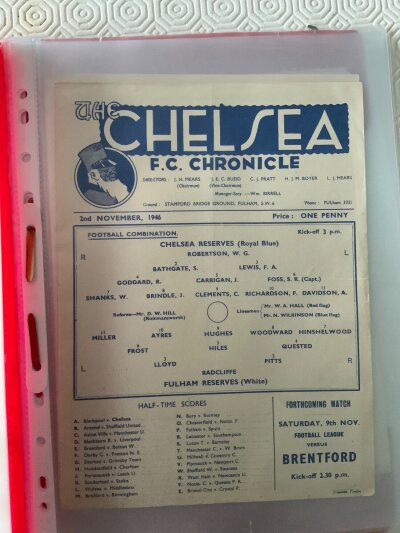 1940s Chelsea Reserve Home Football Programmes: Excellent condition single sheets mainly without writing for Football Combination matches. Includes 46/47 Fulham, Leicester, 47/48 Aldershot, 48/49 Swindon team changes, Luton. C/W 44/45 Brentford Football League South. (6)