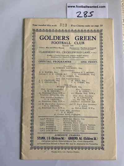 37/38 Golders Green v Walthamstow Football Programme: Very good condition Athenian League programme with no team changes.