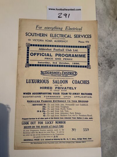 36/37 Aldershot Reserves v Guildford Football Programme: Excellent condition 4 page Southern League programme with no team changes.