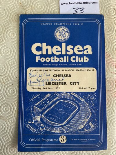 Jimmy Greaves 1st Ever Senior Football Match Signed Programme: Jimmys first ever senior match was in a testimonial for Chelsea player Armstrong v Leicester on 2 5 1957. Jimmy has signed to front best wishes without dedication. Excellent with no team changes.