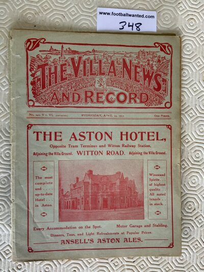 1911 - 1912 Aston Villa Reserves v Coldstream Guards Football Programme: Ex bound with covers for match dated 24 4 1912. Good condition although spine is split due to being ex bound. Supplement is the team group picture of the visitors.