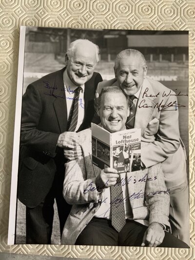 Lofthouse Finney + Matthews Signed Football Photo: Press photo of the 3 England legends in later life hand signed without dedication by all 3.