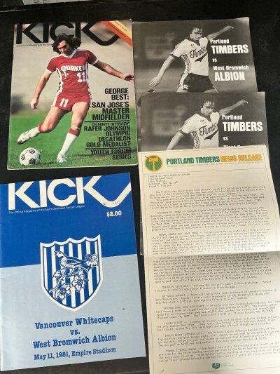 John Wiles West Brom Football Programmes: Former property of the baggies legend. Includes away matches at Vancouver Whitecaps, Edmonton Drillers and Portland Timbers plus a programme for match he watched v San Jose in which George Best was playing. Other programmes included.