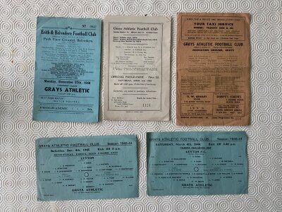 Grays Athletic 1940s Football Programmes: Homes v 43/44 Leyton Essex Red Cross Semi Final, Leyton Tilbury Challenge Cup, 47/48 Edgware, 51/52 Erith + Belvedere reserves and away 48/49 Erith + Belvedere v Edgware Town at Grays. Very good with no writing. (5)