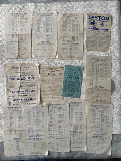 1940s Leyton Football Programmes: Aways at 45/46 Hitchin, Slough, 48/49 Enfield. Homes v 45/46 Tooting, Tufnel Park, Golders Green, Hitchin, Barnet, Enfield, 48/49 Hayes. Good unwritten programmes. 13 programmes with 2 letters from Leyton to a player and more.