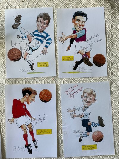 Signed Football Caricatures: Produced by Bob Bond and hand signed without dedication by player. From Manchester United are Foulkes Sadler Stepney, Blackpool Ball Brown Perry Matthews plus Lofthouse J  Charlton England, Reilly Celtic, McParland N Ireland, Marsh QPR, Tommy Docherty and Jimmy McIlroy. (14)