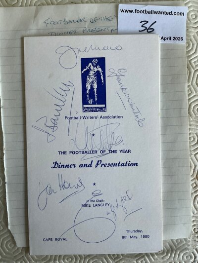 1980 Football Writers Signed Football Menu: To honour the winner Terry McDermott of Liverpool at the Cafe Royal. Multi signed by attendees and previous winners to include Joe Mercer Danny Blanchflower Emlyn Hughes Frank McLintock Geoff Hurst Nat Lofthouse Jack Charlton Gerry Armstrong John Lyall dedicated to Danny Bob Paisley Brian Hall Ian St John Ron Greenwood Bryan Robson Lawrie McMenemy, Paul Miller Don Howe and more.