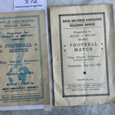 49/50 Brentford v Fulham Battle Of Britain Football Programmes: Both played at Willesden. Match dated 3 5 1950 is fair with fold and small tear. Match played 26 4 1950 has a punch hole. (2)