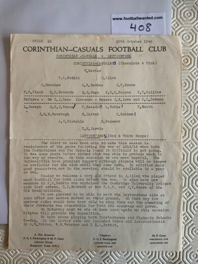 46/47 Football Programmes: Corinthian Casuals v Leytonstone single typed sheet with score and scorers noted. Small tears on fold. C/W Sheffield Wednesday v Eindhoven in fair condition with no team changes. (2)