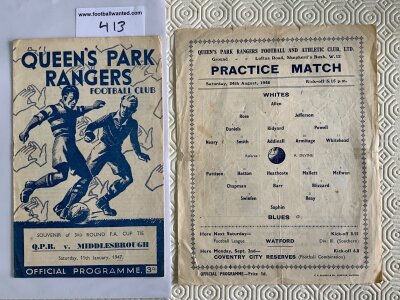 46/47 QPR Practice Match Football Programme: Single sheet Whites v Blues with score and scorers noted in pencil but no team changes. C/W QPR v Middlesbrough from same season in the FA Cup. (2)