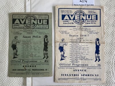 45/46 Walthamstow Avenue v Chisholm X1  (Tottenham) Football Programme: Memorial match for Tim Johnson with Jack Chisholm Professional X1 heavy on Spurs players with others from Fulham West Ham and Southend. Fair condition with small tear on fold and team changes. C/W 46/47 Walthamstow v Icelandic Sports. (2)