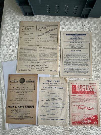 45/46 Football Programmes: Crystal Palace v Cardiff, York v Chesterfield FA Cup, Reading v Aldershot FA Cup, Notts Forest v Newport, Mansfield v Walsall. Very good. (5)