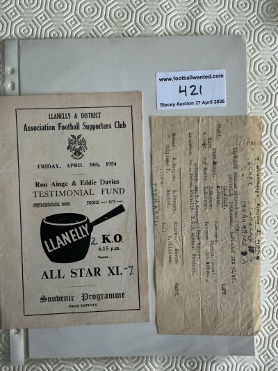 Llanelly 53/54 v All Stars Football Programme: Programme has score 2-7 to cover and team changes. Not a surprising result given the All Stats have M Charles T Medwin J Kelsey I Allchurch playing. C/W what looks like just the teams cut out of single sheet for 46/47 Llanelly v Treharris. (2)