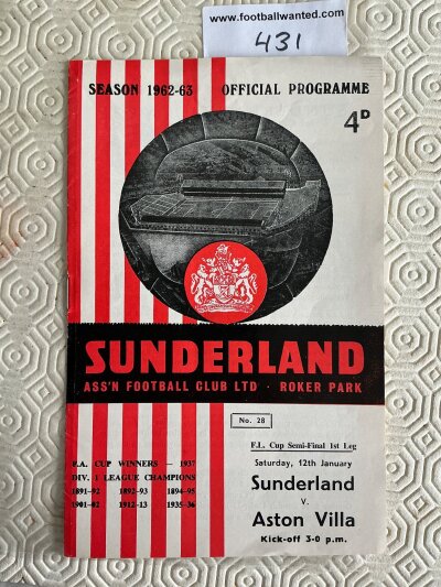 1963 League Cup Semi Final Football Programme: Sunderland v Aston Villa played at Roker Park in excellent condition with no writing.