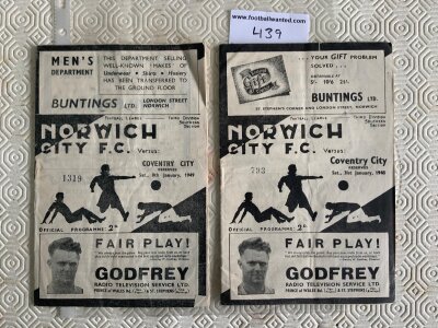 1940s Norwich City Reserves v Coventry Football Programmes: Very good condition Combination Cup matches from 47/48 + 48/49 with pencilled team changes. (2)