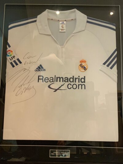 Roberto Carlos Signed Framed Real Madrid Football Shirt: Nicely framed Adidas shirt with clear signature of the player. Approximately 37 x 30 inches