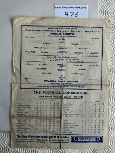 1947 Football Combination Cup Final At Tottenham Football Programme: Arsenal v Swansea reserves dated 14 6 1947. Single sheet in fair condition with no team changes.