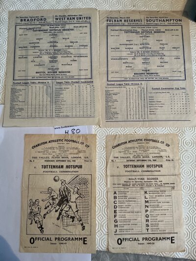 Tottenham 1940s Reserves Football Programmes: Home single sheets v 47/48 Bristol Rovers, 48/49 Reading Cup. Aways at Charlton 48/49 + 49/50. All Combination League in good condition with no penned writing. (4)