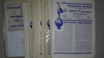Tottenham 1950s Home Football Programmes: From 50/51 to the double season of 60/61 of which there are 17. Includes reserves and friendlies in mixed conditions. (104)