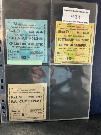 Tottenham 1961 Complete FA Cup Winning Run Football Tickets: Every ticket which includes home to Charlton, Crewe, Sunderland and away to Sunderland, two different Aston Villa one unused, semi final v Burnley a final ticket both standing and sitting. C/W flight ticket from London to Sunderland and a bus ticket from Tottenham to Wembley on cup final day. Excellent.