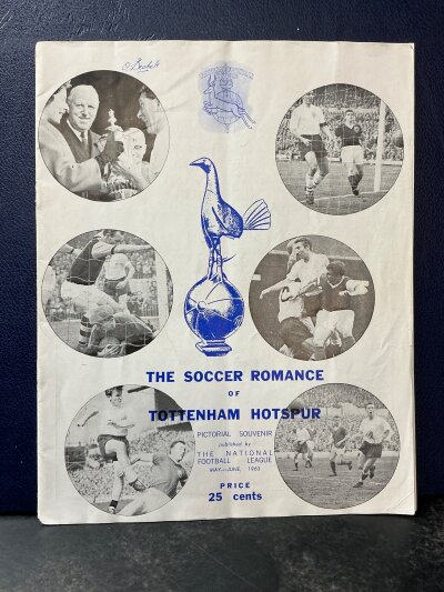 1963 Tottenham Signed South Africa Tour Football Programme: National Football League of South Africa v Tottenham programme dated June 1963. Inside the programme it is signed by all the players on their individual photos except Medwin who had broken his leg. 17 autographs including White Blanchflower Smith Jones Marchi and Greaves. No team changes.