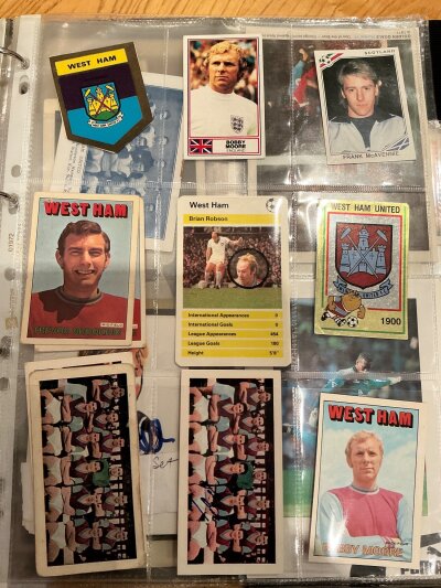 West Ham Football Card Collection: Vast selection of cards from the 1920s to the 1980s Includes a signed Keeling Caricatures set from the 1990s. (200) approximately housed in a binder.
