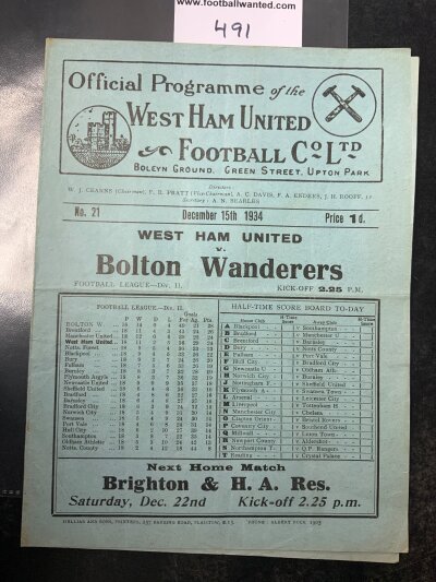 34/35 West Ham v Bolton Football Programme: Excellent condition league match with no team changes.