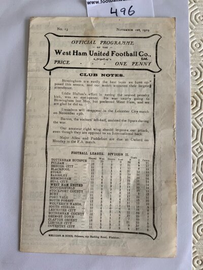 1919/20 West Ham v Birmingham Football Programme: League match dated 1 November 1919 in very good condition with no team changes.
