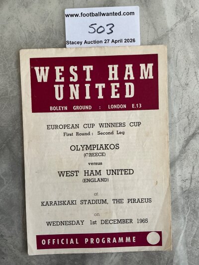 65/66 West Ham v Olympiakos Away Version Football Programme: Hard to obtain 4 page complimentary programme given to West Ham fans travelling to Greece. Dated 1 12 1965 in good condition with score written to rear.