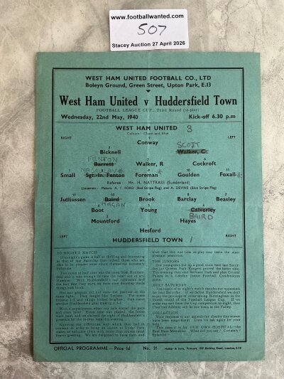 39/40 West Ham v Huddersfield Town Football Programme: Cup match dated 22 5 1940 with pencilled team changes and light fold. West Ham went on to win the War Cup.