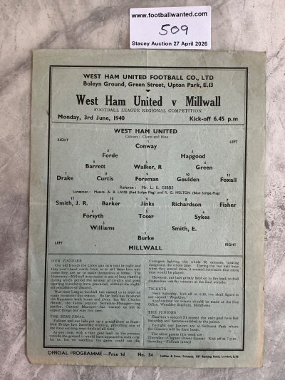 39/40 West Ham v Millwall Football Programme: League match dated 3 6 1940 with no team changes and light folding.