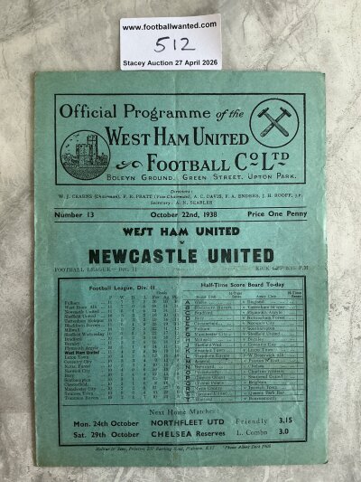 38/39 West Ham v Newcastle United Football Programme: League match dated 22 10 1938 with no team changes. Light fold.