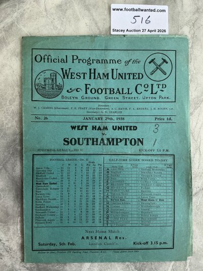 37/38 West Ham v Southampton Football Programme: League match dated 29 1 1938 with no team changes. Score to cover in pencil.