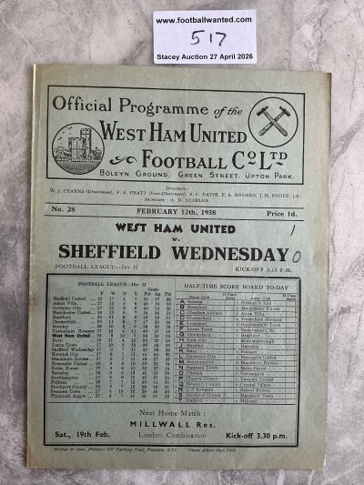 37/38 West Ham v Sheffield Wednesday Football Programme: League match dated 12 2 1938 with no team changes. Score to cover in pencil.