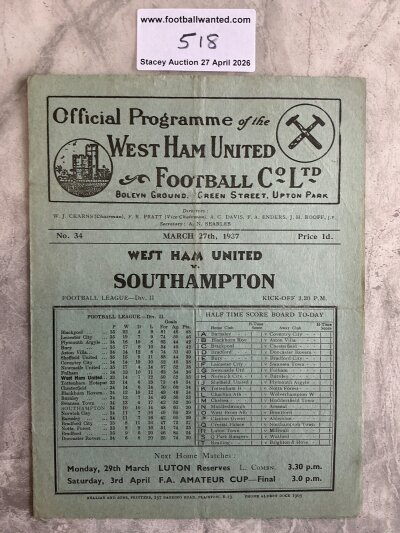 36/37 West Ham v Southampton Football Programme: League match dated 27 3 1937 with no team changes. Very good.
